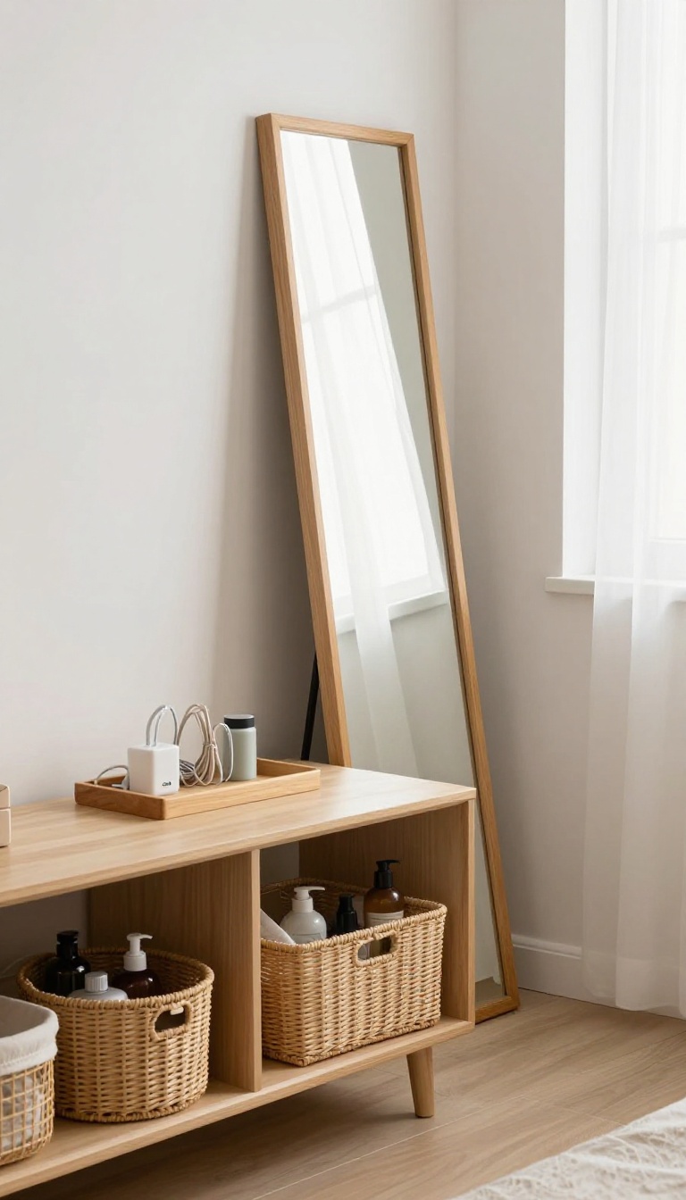 Guest room with charging station, full-length mirror, and toiletry basket
