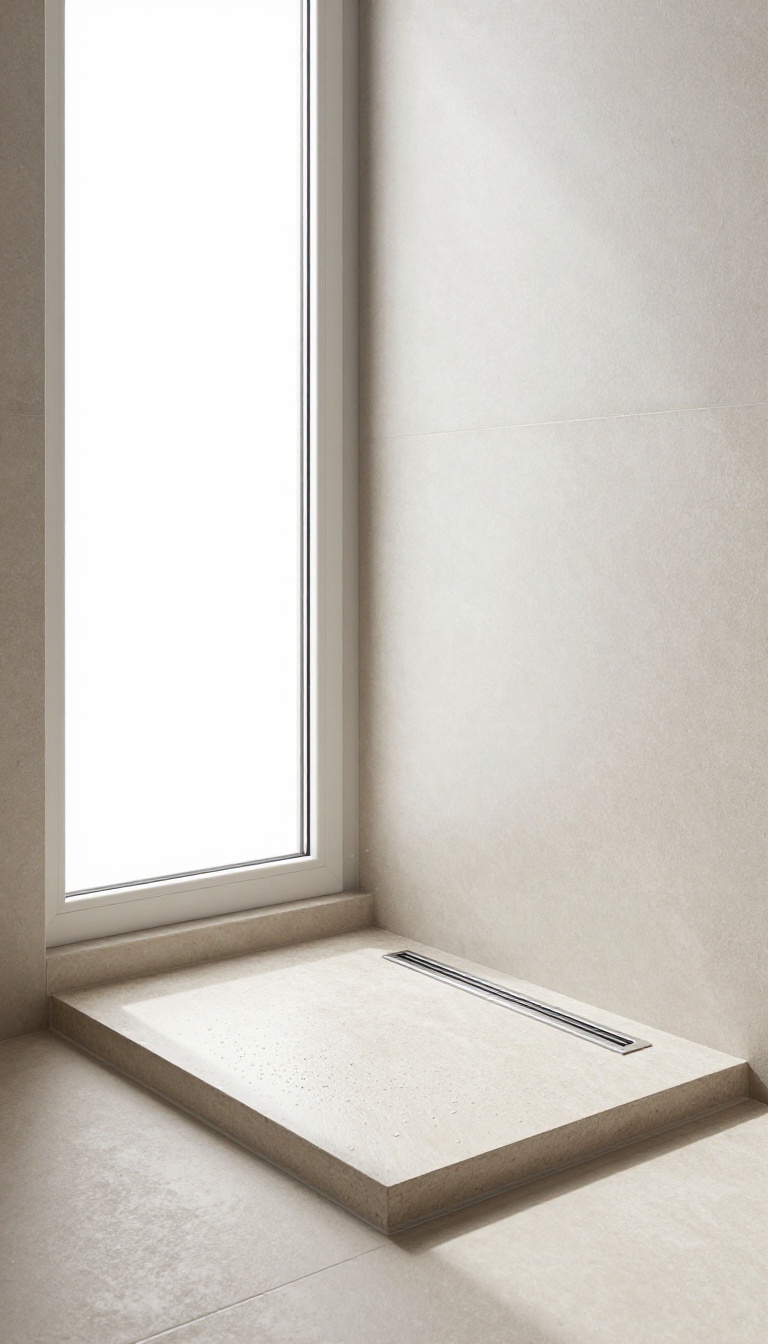 Modern shower tray with built-in linear drain for easy cleaning in a bright bathroom