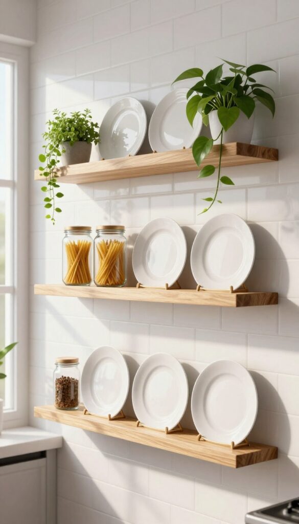 Floating shelves in a bright kitchen styled with plates, jars, and plants