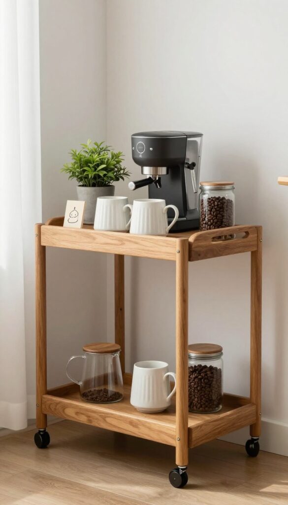 A charming coffee station corner in a cozy kitchen with a coffee maker, mugs, and coffee beans