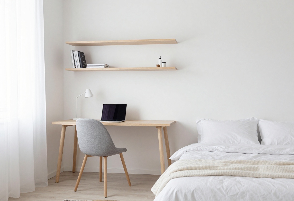 Small home office guest room with a desk and bed, neatly organized