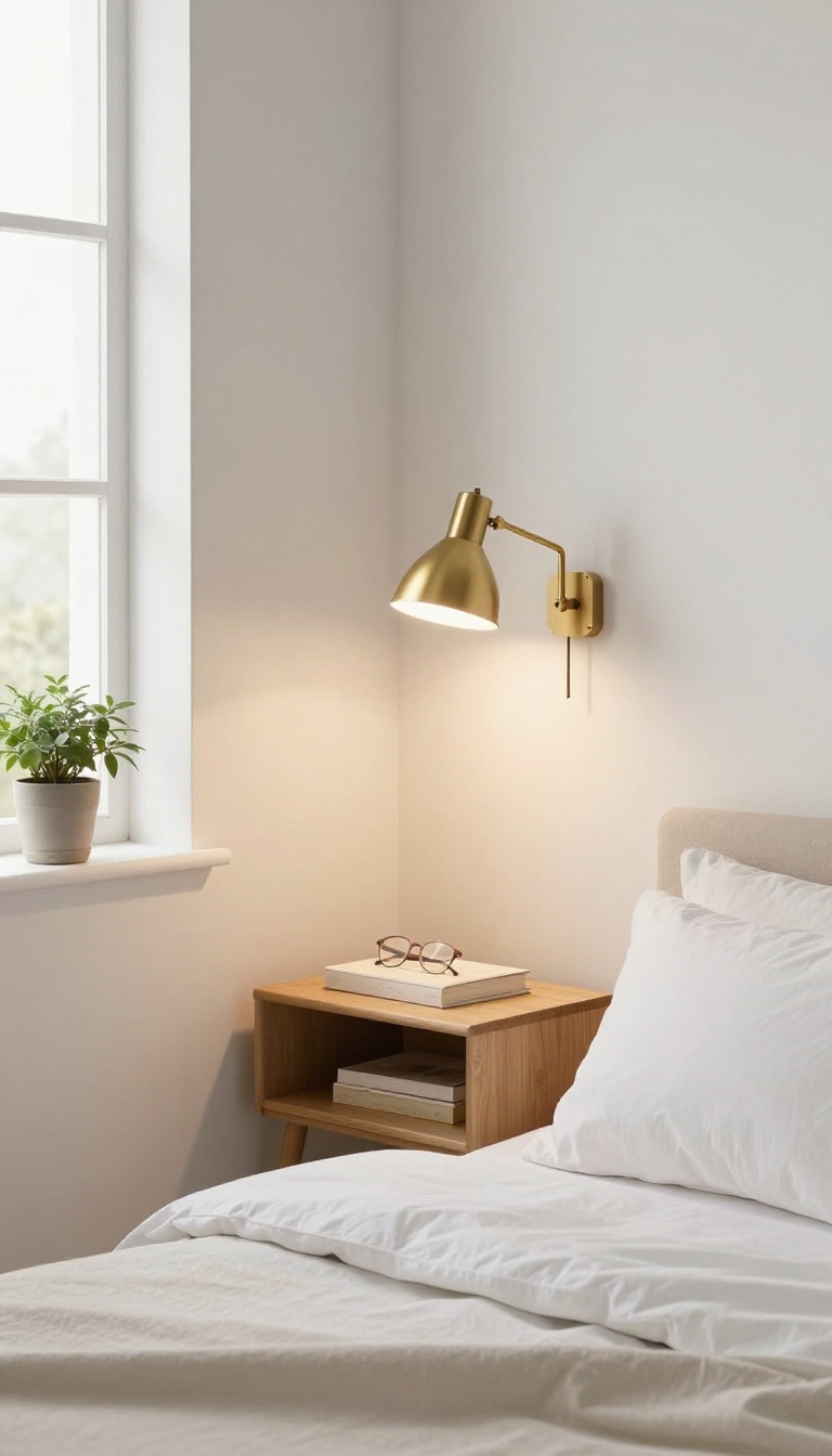 Small guest bedroom with a wall-mounted reading lamp above the bed, freeing up nightstand space