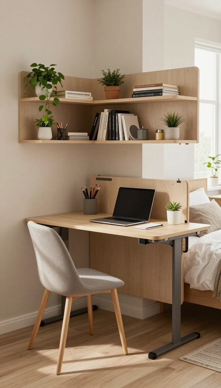 Fold-down desk with floating shelves in a small home office guest room