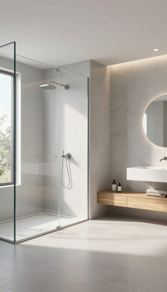 Modern double shower with frameless glass partition, open and airy bathroom design