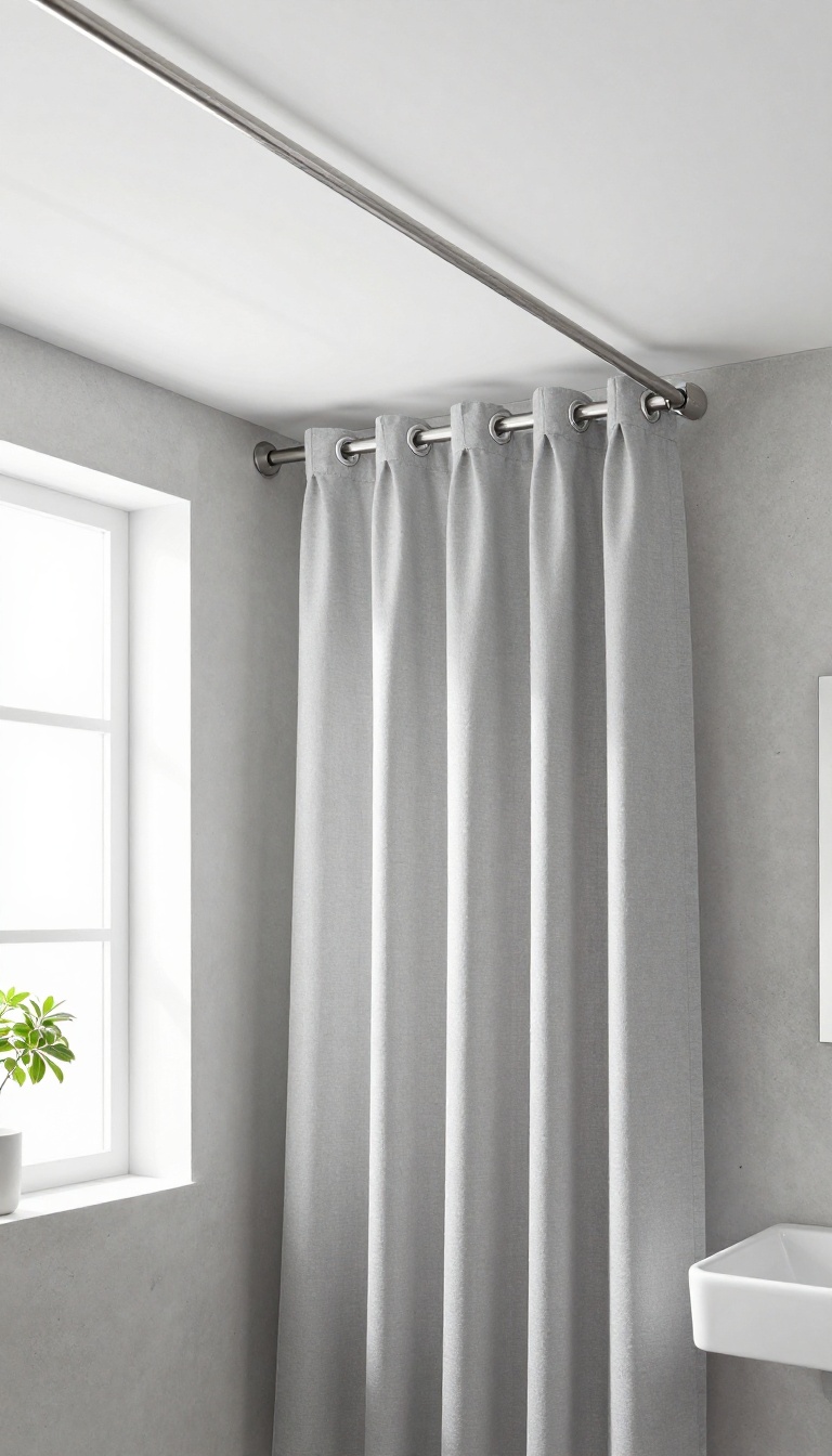 DIY ceiling shower curtain with cable system in a modern industrial bathroom