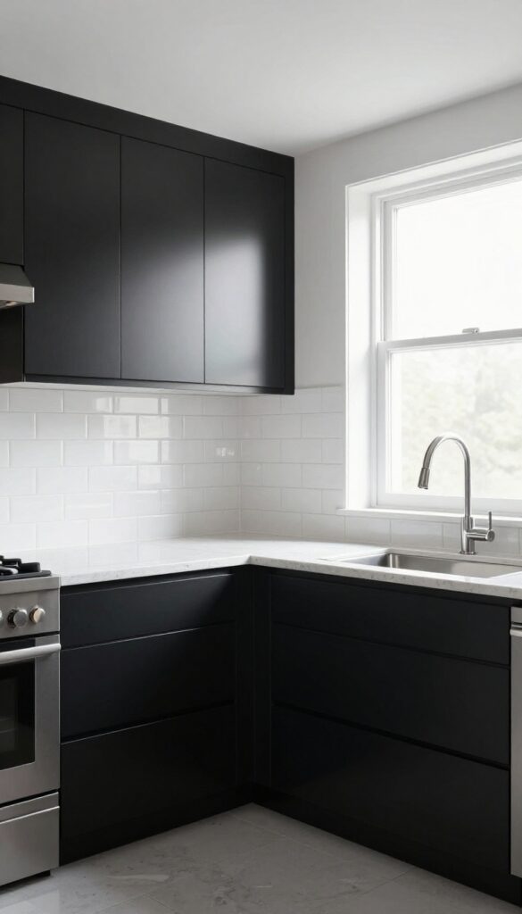 Black cabinets with glossy white subway tile backsplash reflecting light