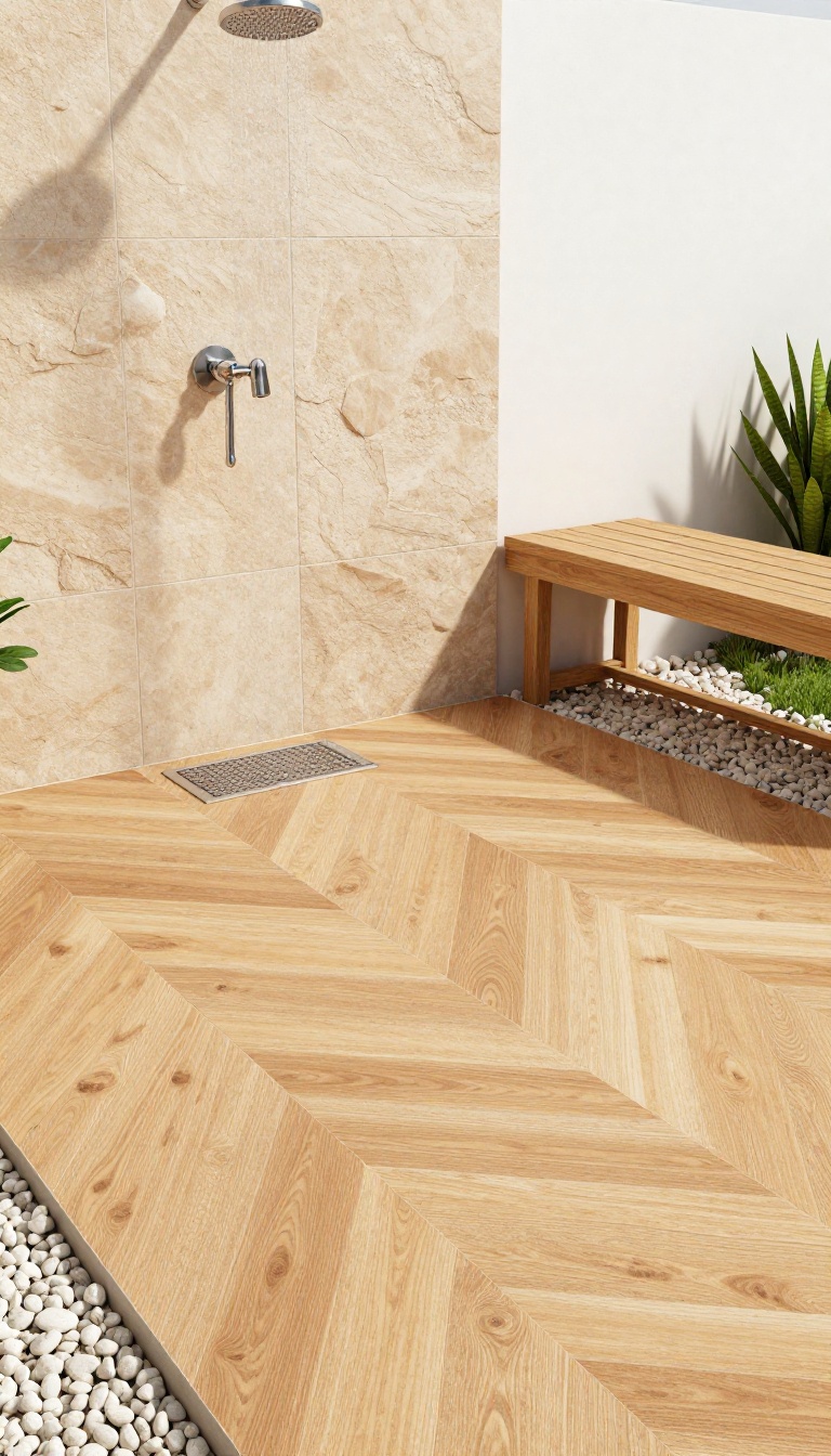 Outdoor shower with porcelain wood-look tile floor in a herringbone pattern, warm oak finish, natural stone wall, and rainfall showerhead in a sunny backyard.