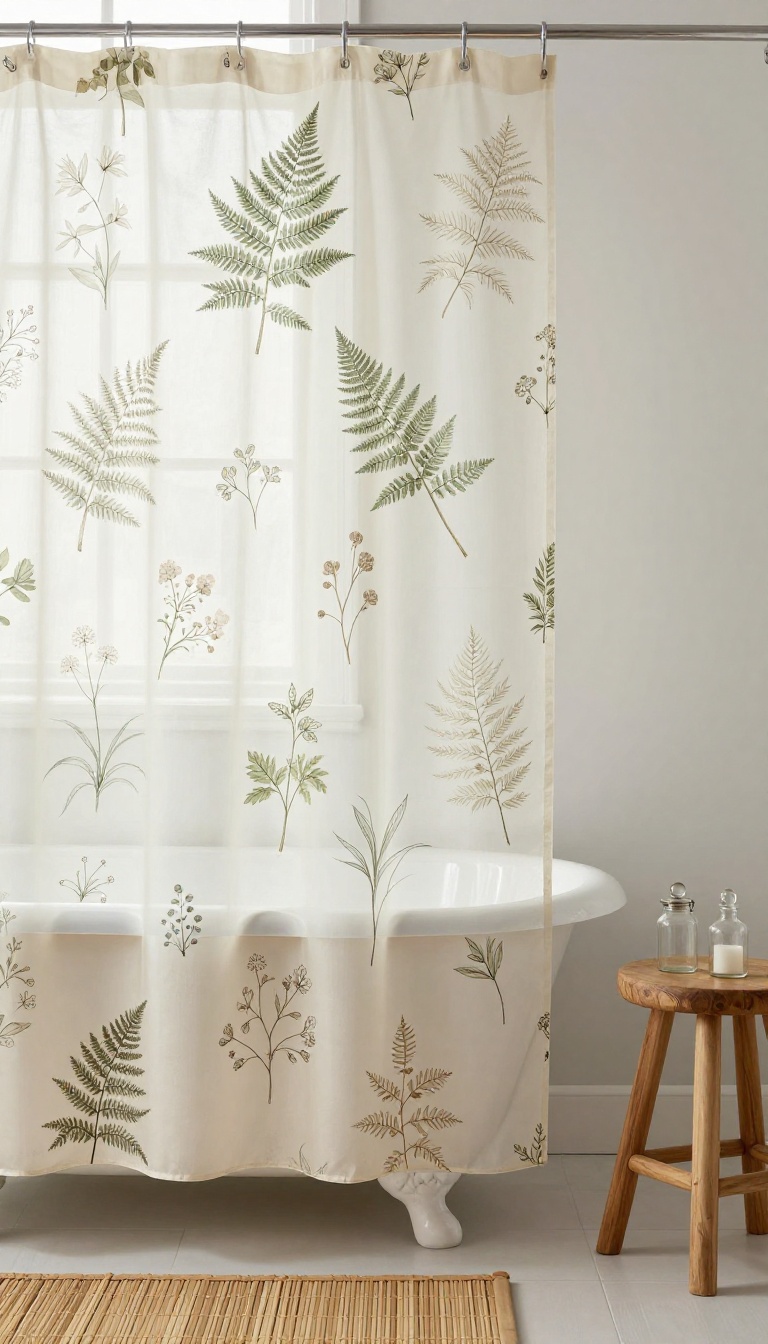 Vintage botanical shower curtain in a rustic bathroom with clawfoot tub and natural decor