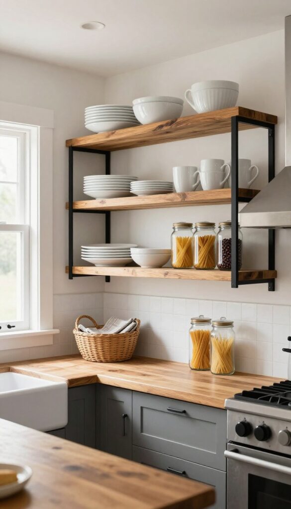 Open shelving in a barndominium kitchen with organized dishes and jars