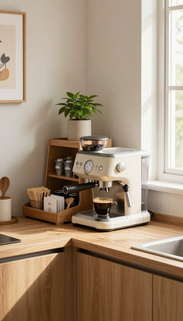 Corner cabinet coffee station with lazy Susan and espresso machine