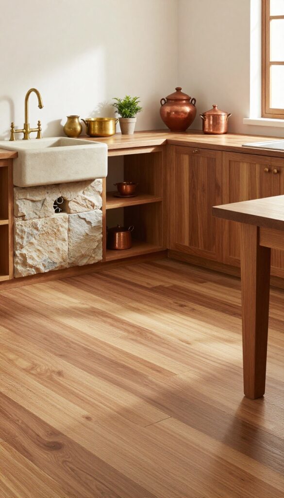 Traditional Indian kitchen with wooden and stone flooring, warm natural light, brass accents, and rustic decor