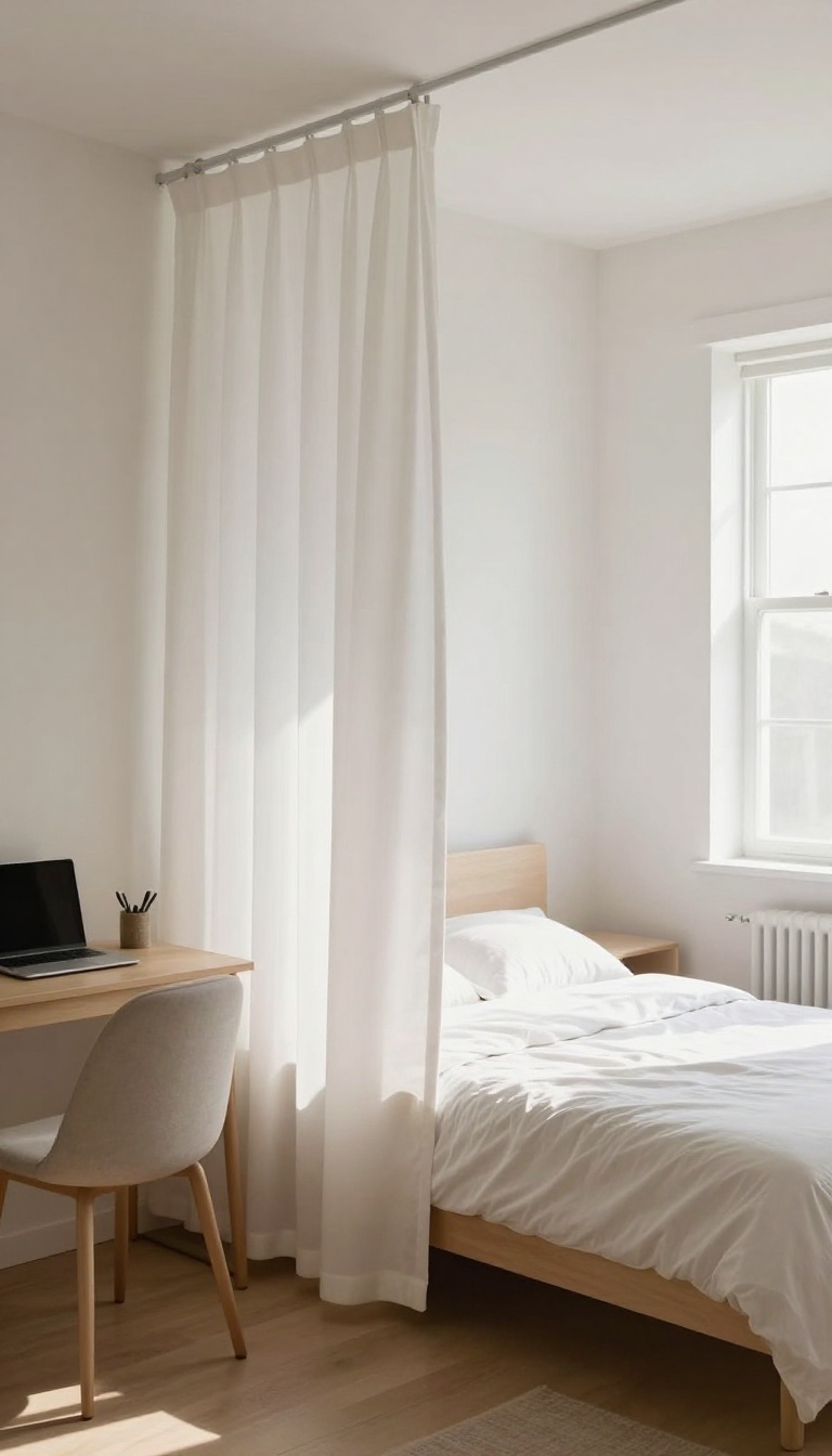 Guest room with a ceiling-mounted curtain dividing a workspace and a sleeping area.