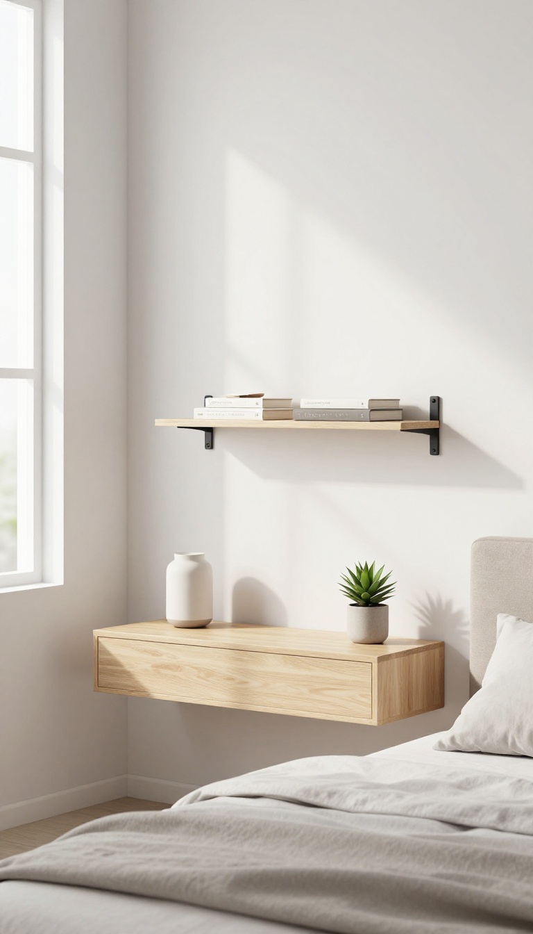 Wall-mounted floating nightstand in a bright, modern small bedroom with a lamp, book, and plant.