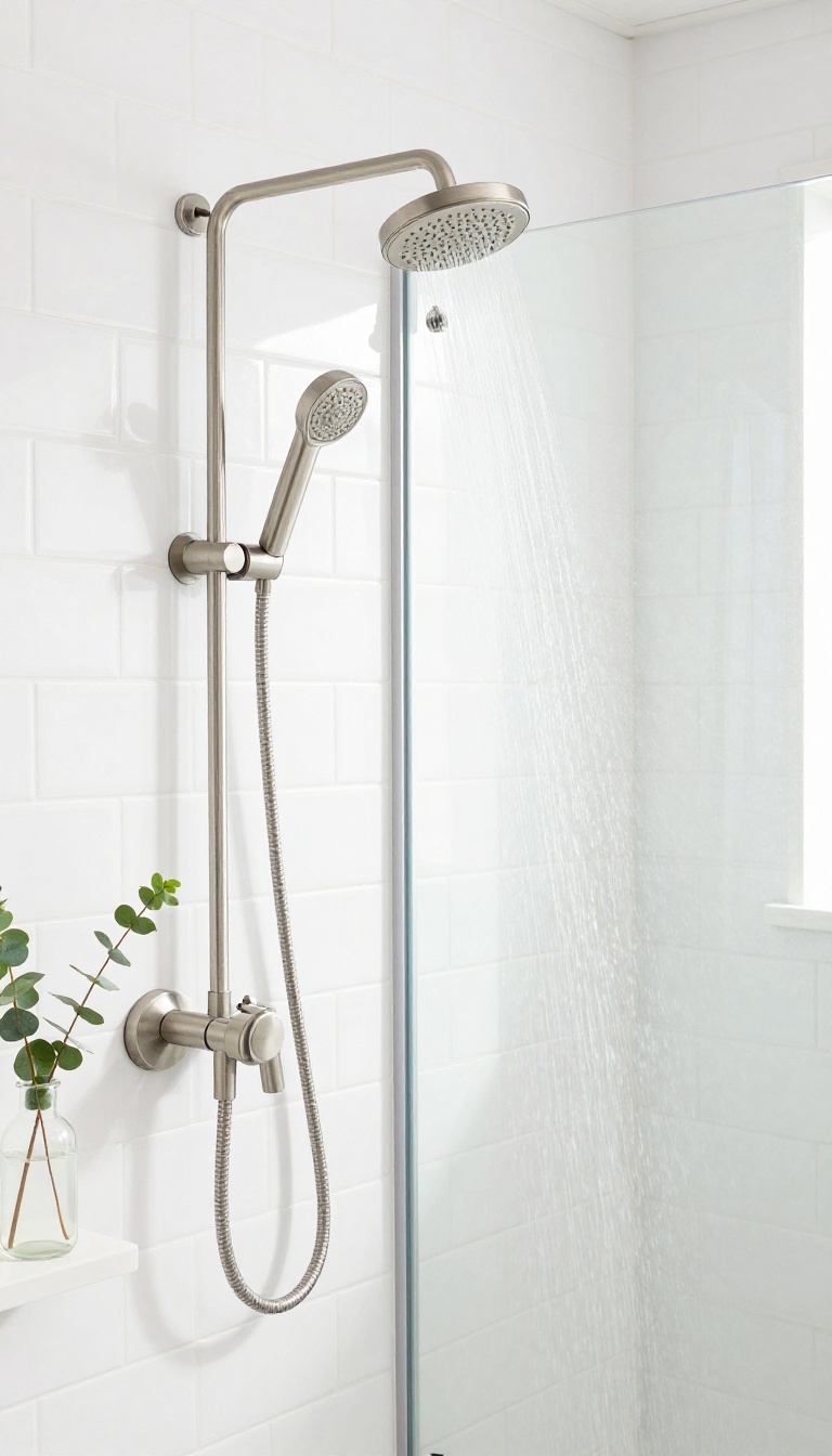 Modern handheld showerhead in a clean, bright guest bathroom