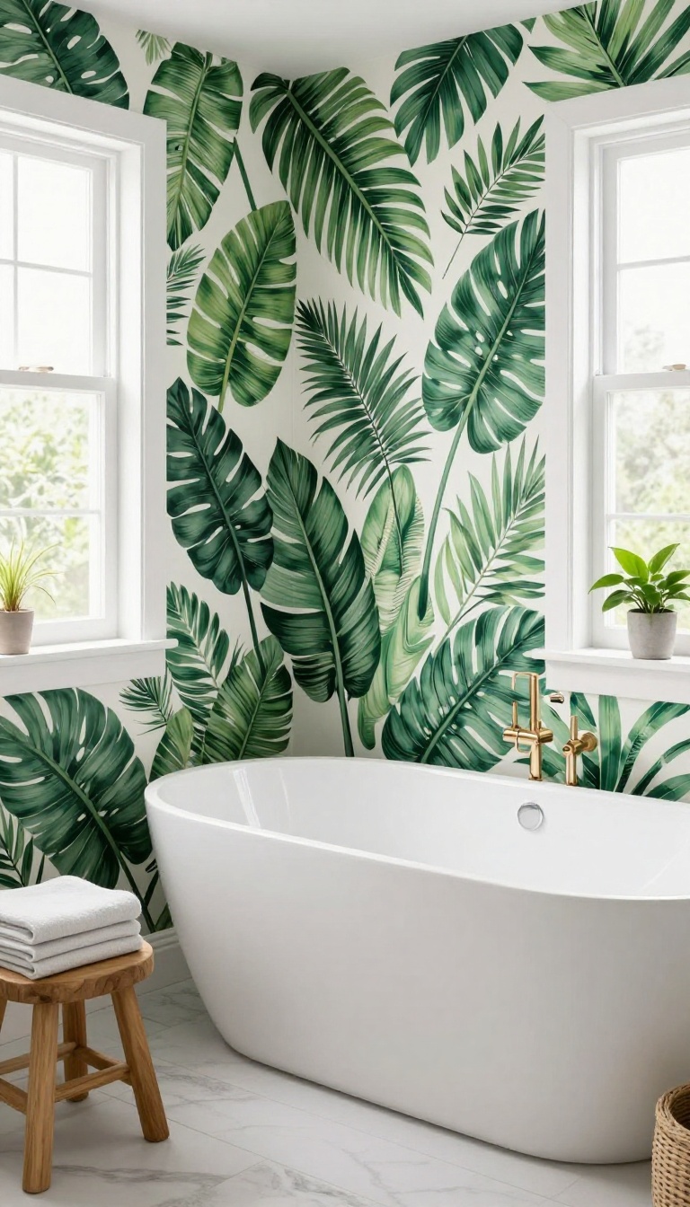 Guest bathroom with tropical leaf removable wallpaper on accent wall, white bathtub, and natural light