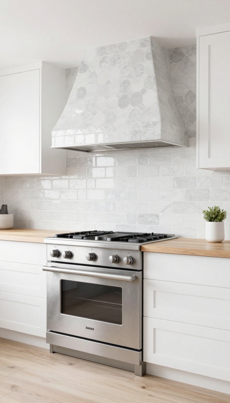 A kitchen stove with a decorative tile surround extending up to the hood, adding texture and visual interest.