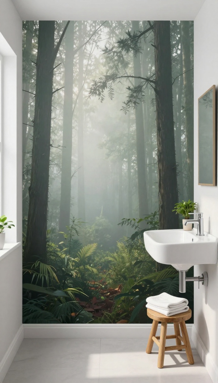 Guest bathroom with mural-style wallpaper of a serene forest, creating a tranquil focal point.