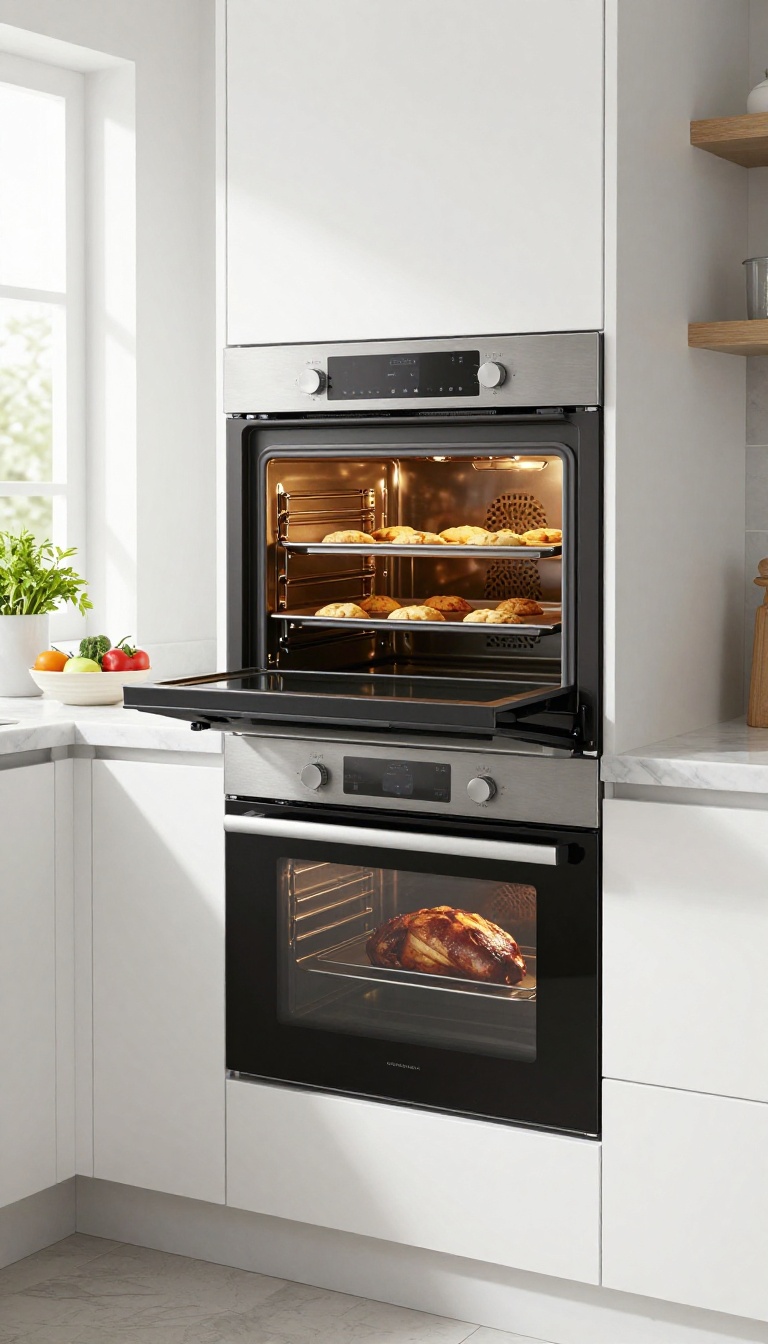 Modern kitchen with a double oven range, upper oven open with cookies, lower oven with roast, bright natural light, clean composition