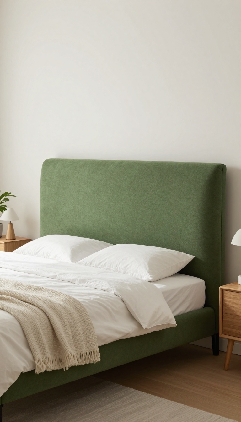 Small bedroom with a tall emerald green upholstered headboard as a focal point, styled with white bedding and minimal decor