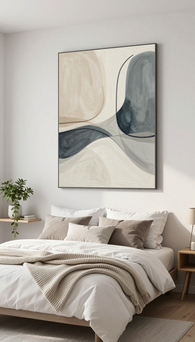 Cozy modern guest bedroom with oversized abstract art in soft muted tones above the bed, styled with neutral linens and a minimalist shelf with a plant.
