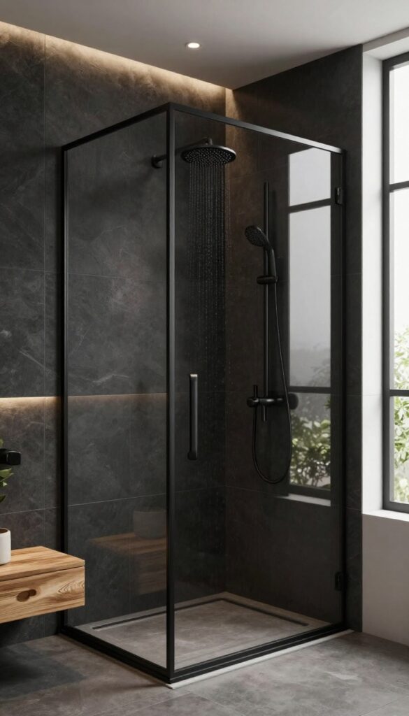Modern bathroom shower with large matte black tiles, rainfall showerhead, and teak bench in warm lighting.