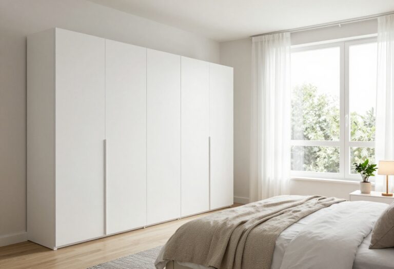 Small bedroom with a white sliding-door wardrobe in the corner, bed with neutral linens, and natural light from a window.