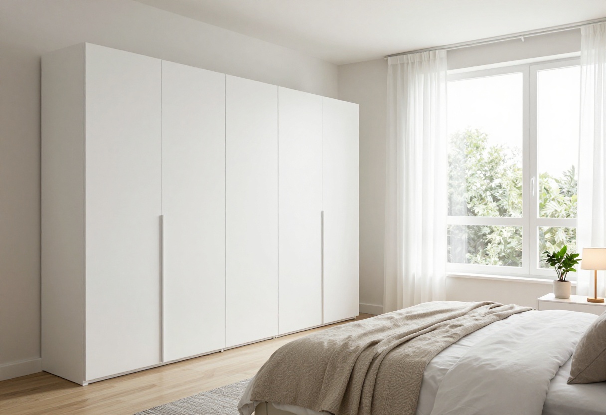 Small bedroom with a white sliding-door wardrobe in the corner, bed with neutral linens, and natural light from a window.
