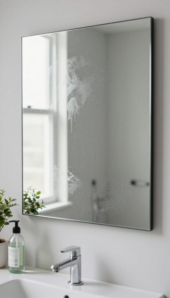 A person's hand spraying a cleaning solution on a bathroom mirror and wiping it with a cloth, leaving a streak-free clear surface.