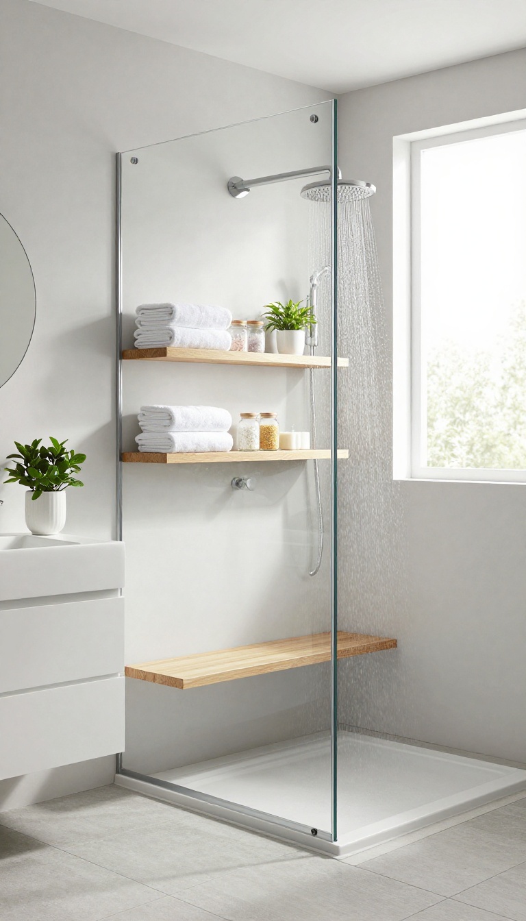 Modern shower-only bathroom with teak open shelving and neatly folded towels