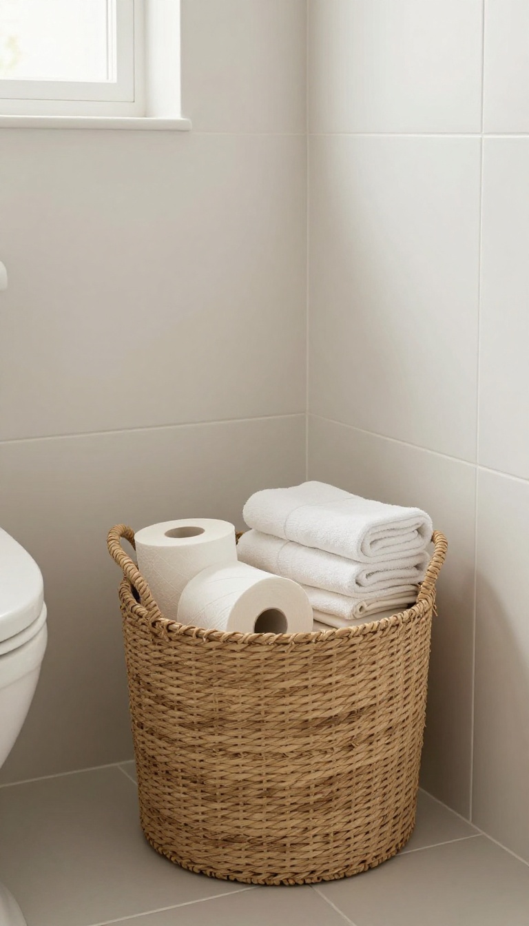 Small guest toilet with a woven basket holding toilet paper rolls and towels