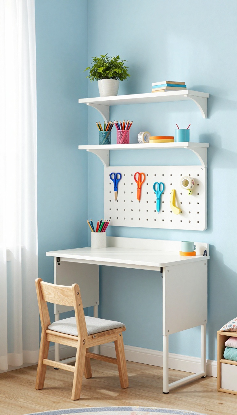 Wall-mounted fold-down desk in a small kids' bedroom with shelves and pegboard for storage, bright natural light