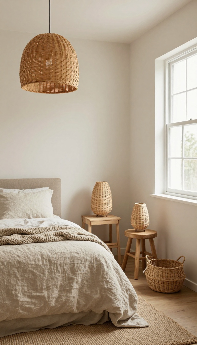 Small bedroom with natural textures, linen bedding, wooden stool nightstand, rattan lamp, and woven basket, bright natural light