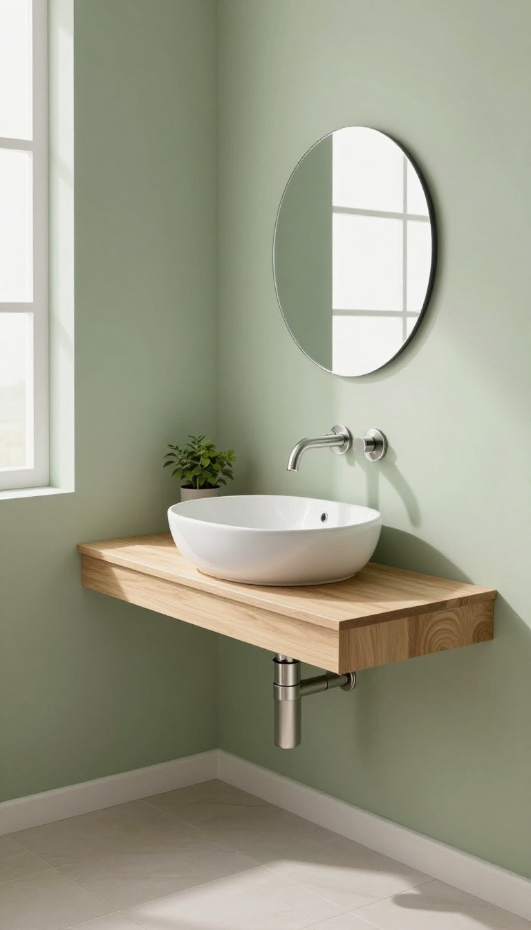 Compact vessel sink on a floating counter in a small guest toilet, with open space below and natural light.