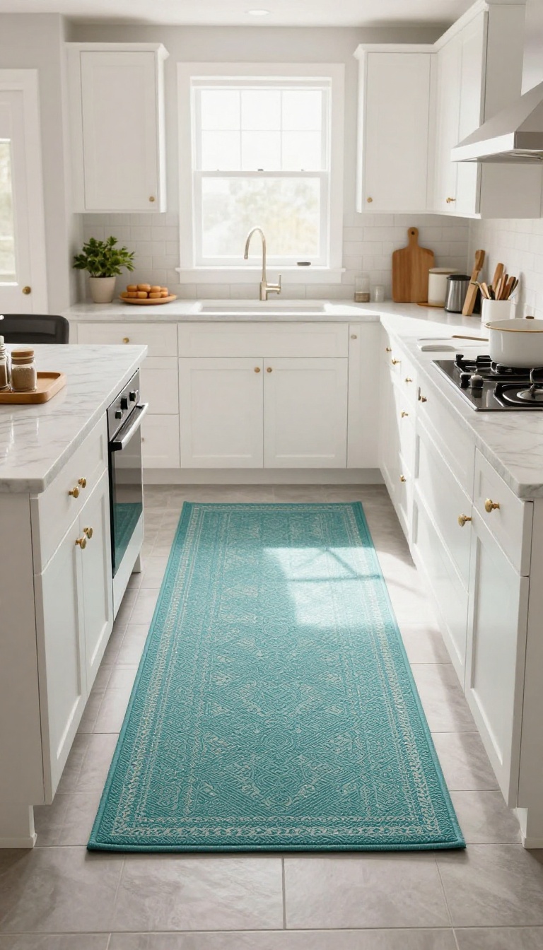 Vibrant teal runner rug in a neutral kitchen with white cabinets and marble countertops