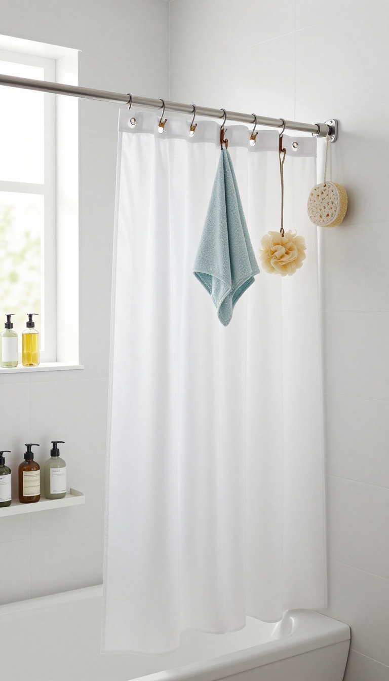Small bathroom with a shower curtain with hooks on the top header holding washcloths and a loofah