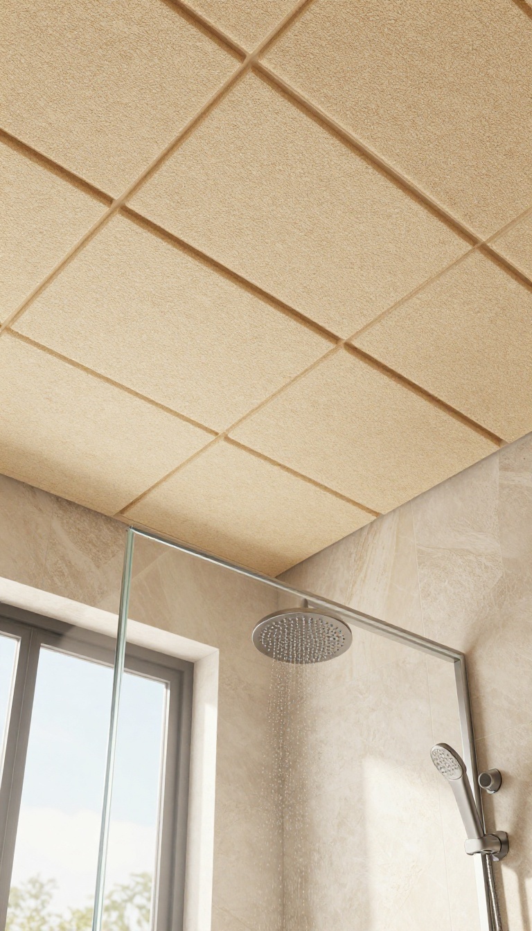 Modern shower ceiling with beige acoustic panels arranged in a geometric pattern, illuminated by natural light from a skylight.