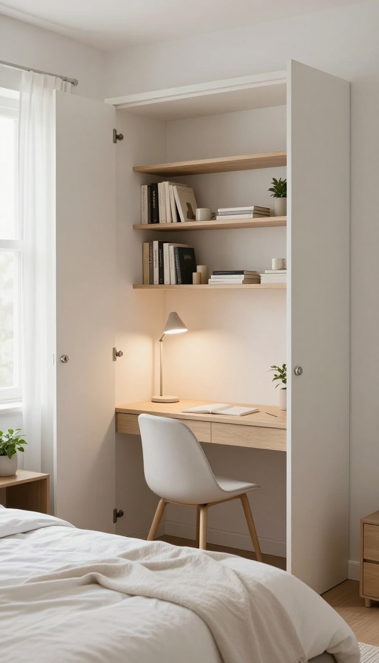 A bright guest bedroom with a closet office revealed, showing a tidy workspace and a cozy bed, exemplifying a multifunctional small space.