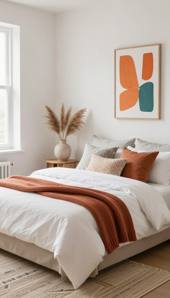 Small boutique-style bedroom with neutral palette and pops of color through art and textiles