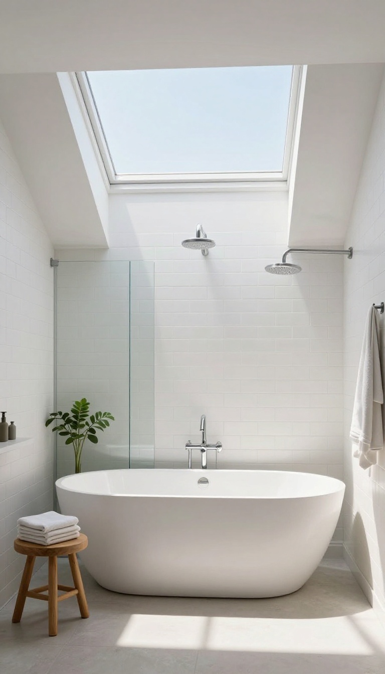 Bright family bathroom with a freestanding tub and shower beneath a skylight, featuring white tiles and natural light.