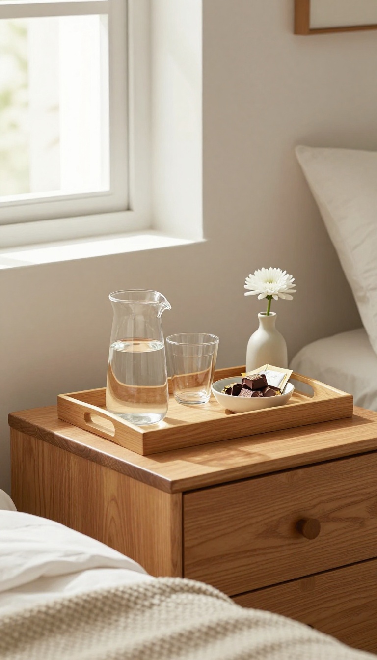 Wooden tray with water carafe, glasses, chocolates, and a flower on a guest room dresser