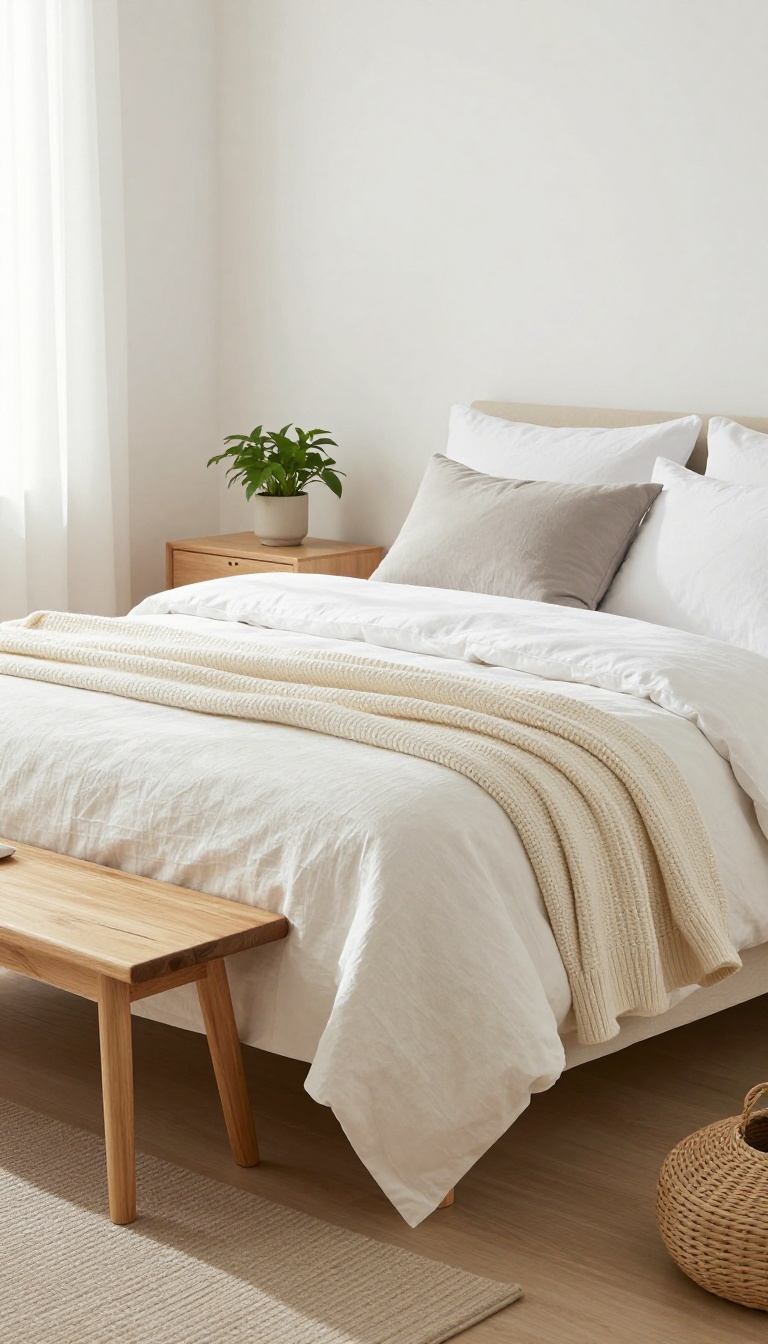 Guest bedroom with extra pillows and a folded blanket on a bench at the foot of the bed