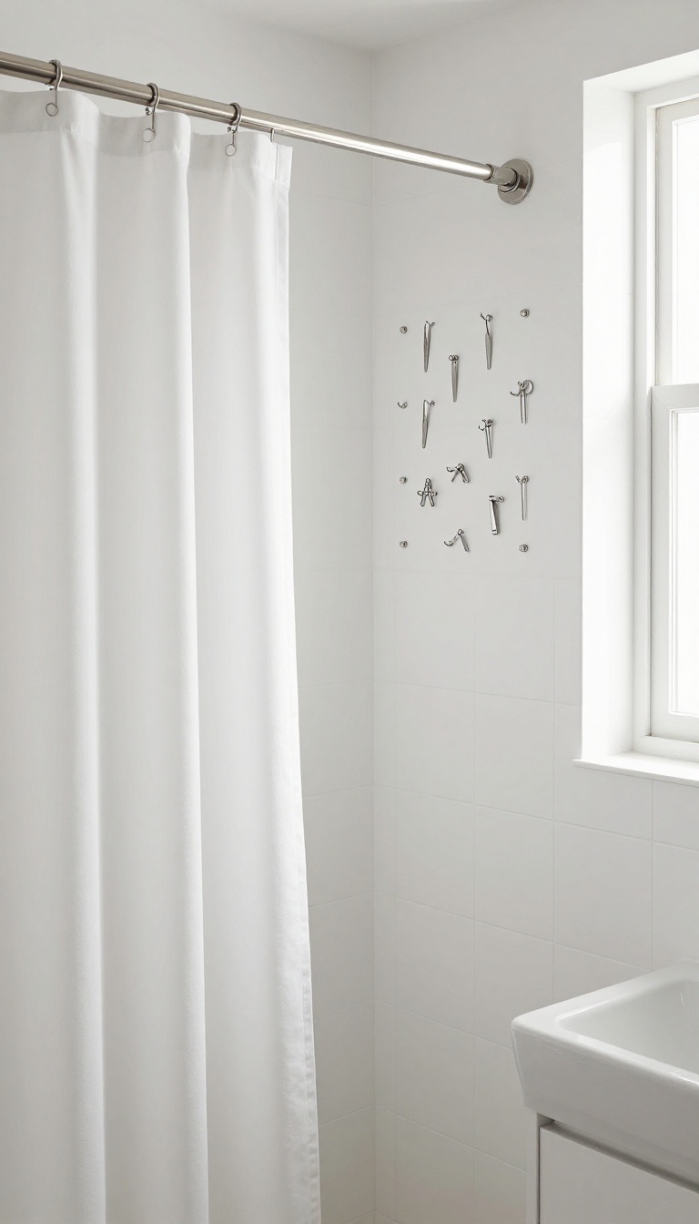 Small bathroom shower curtain with magnetic hooks holding small metal items