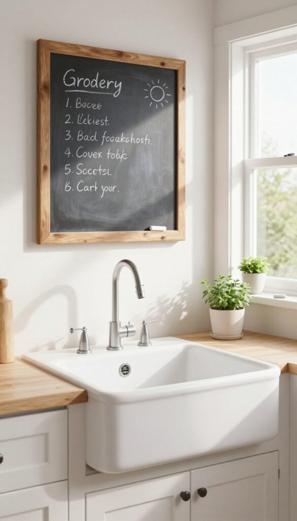 Rustic chalkboard above a kitchen sink in a bright farmhouse kitchen