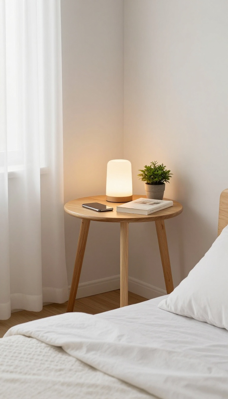 Small round wooden corner table in a tiny bedroom, styled as a nightstand with a lamp, phone, book, and plant, in bright natural light