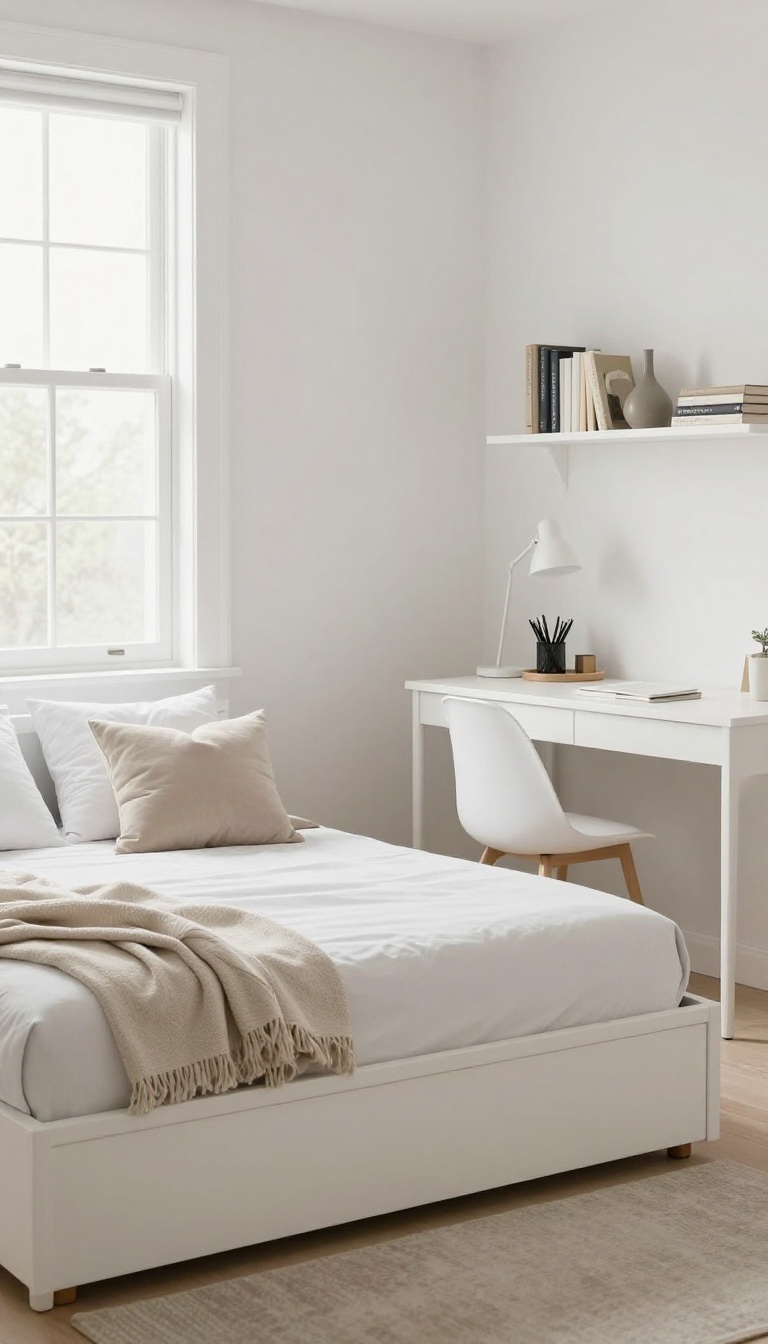 Guest room with daybed and trundle paired with a slim desk in a bright, minimal layout