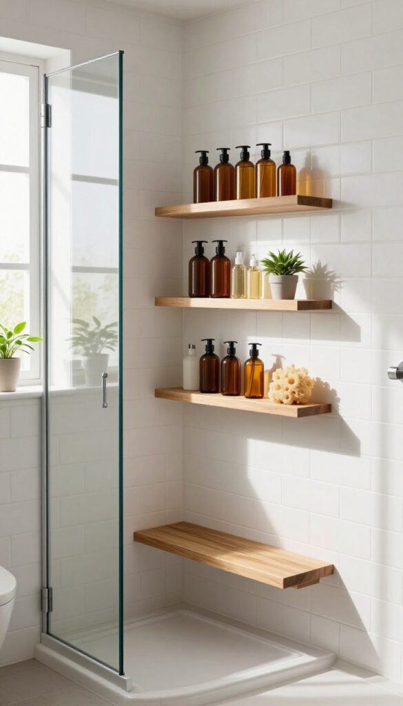 Corner shelves in a small shower holding toiletries and a plant, demonstrating vertical storage.
