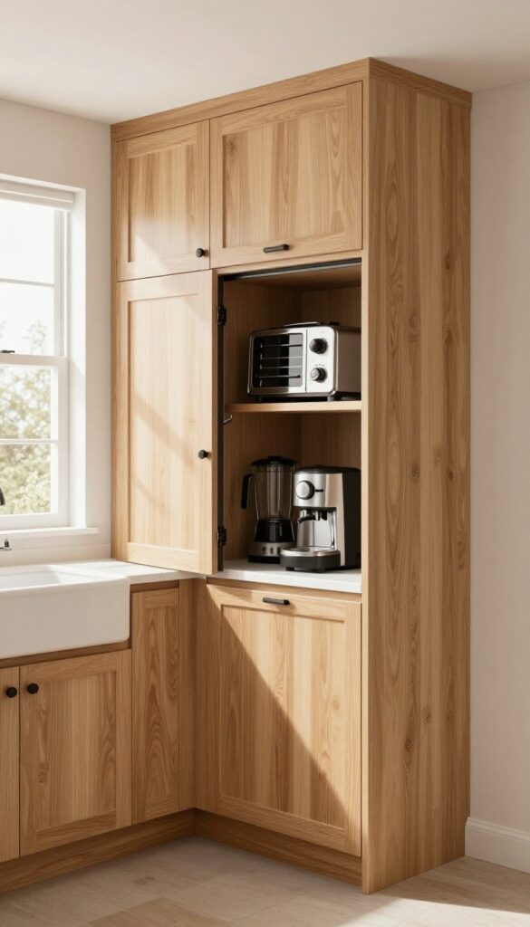 Hidden appliance garage in a barndominium kitchen with roll-up door and small appliances tucked inside.