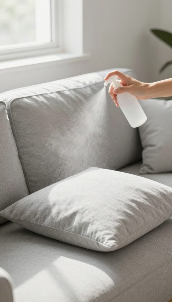 Hand spraying fabric refresher on a couch cushion in a bright living room