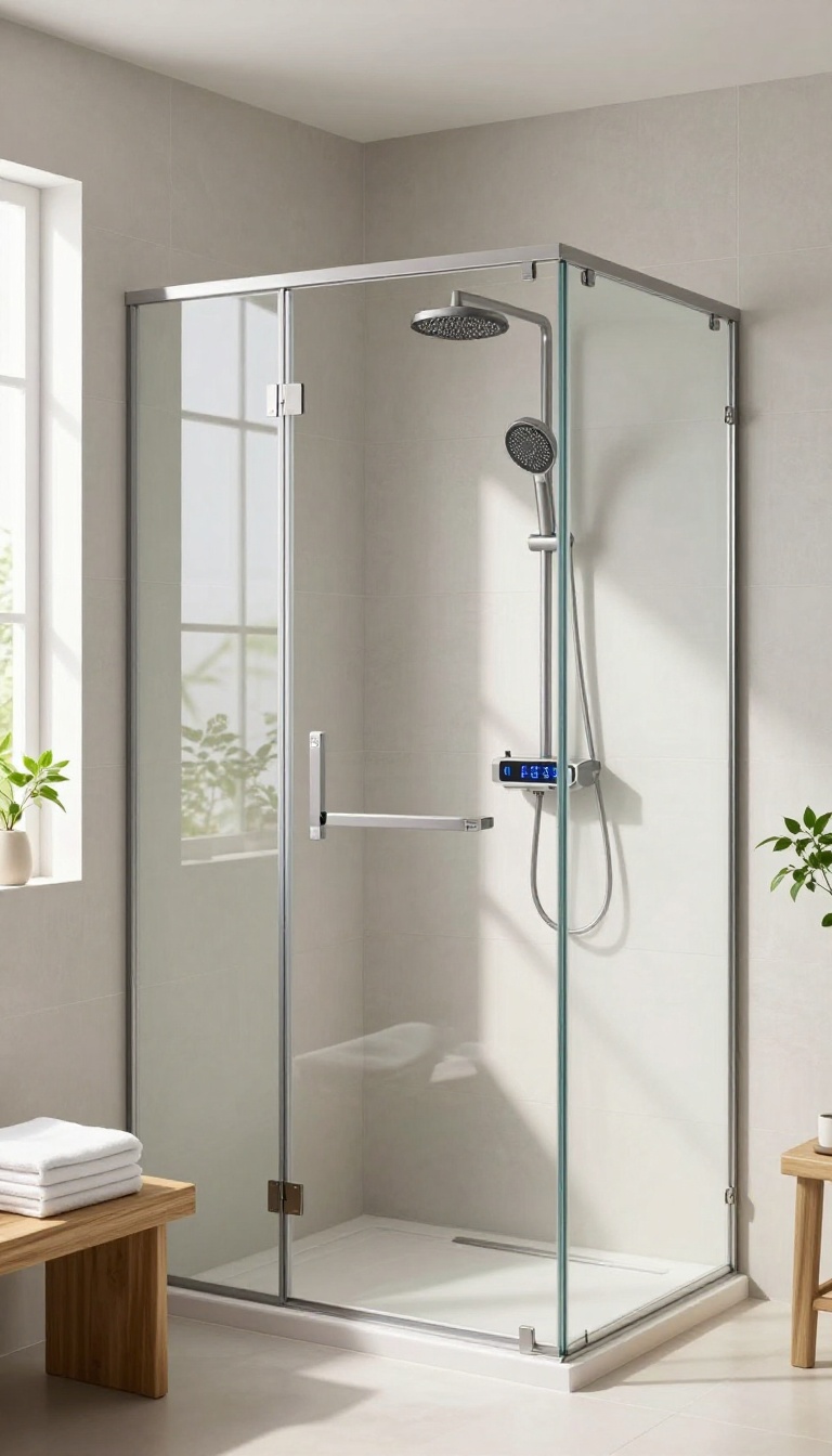 Modern bathroom with a smart shower system featuring a digital control panel and handheld showerhead, illuminated by natural light.