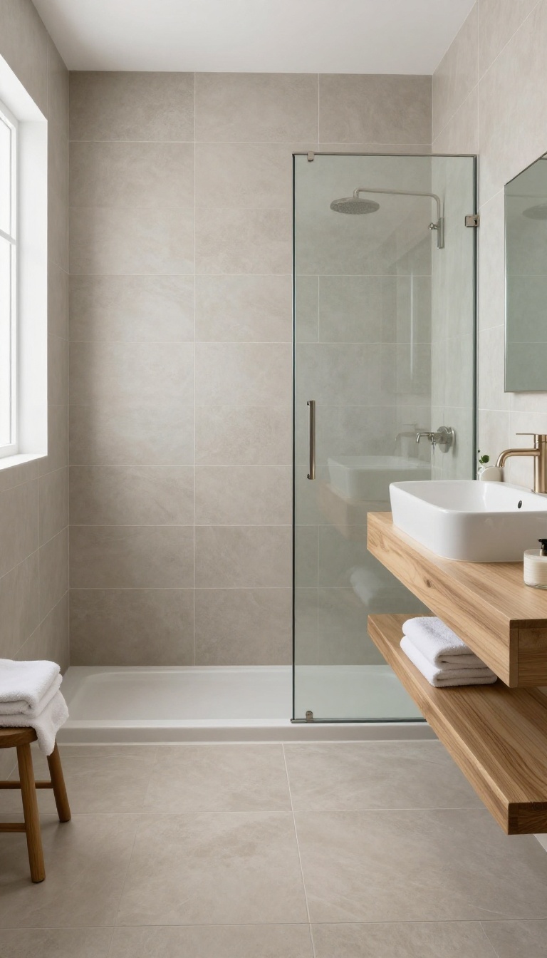 Modern guest bathroom with large-format matte porcelain tiles and minimal grout lines for a seamless look